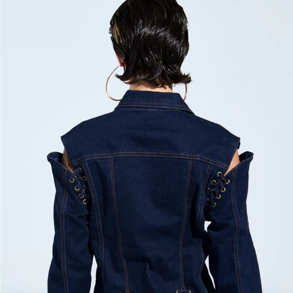 🔥 AKIRA That’s On Me Navy Eyelet Denim Jean Set - Picture 6 of 10